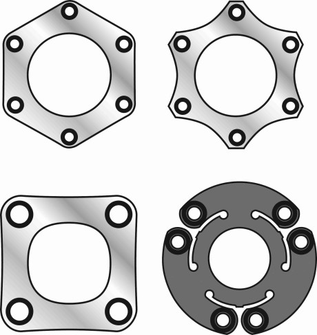 Fig. 2 - Coupling discs are usually designed of metal. The lower right disc pack from Zero-Max is made of rugged composite material for highest performance.  