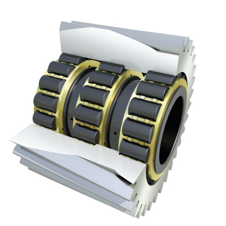As direct bearing supports: FAG X-life cylindrical roller bearings for planetary gears, featuring rolling elements and inner rings coated with Durotect B. The raceway of this bearing is integrated into the planetary gear.